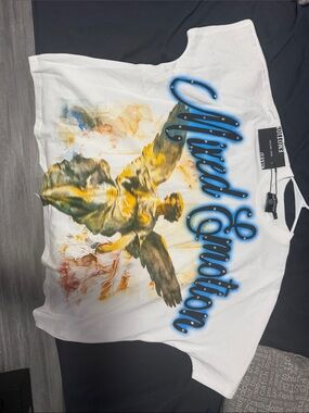 White Mixed Emotion Graphic Crew Tee with Blue Script
